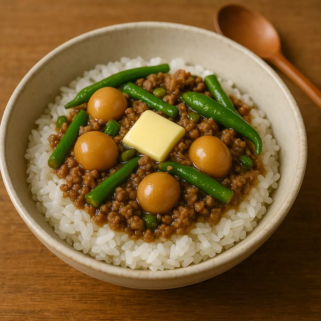 하얀 밥 위에 버터 한 조각과 함께 이장우 장조림비빔밥이 올려진 완성 사진