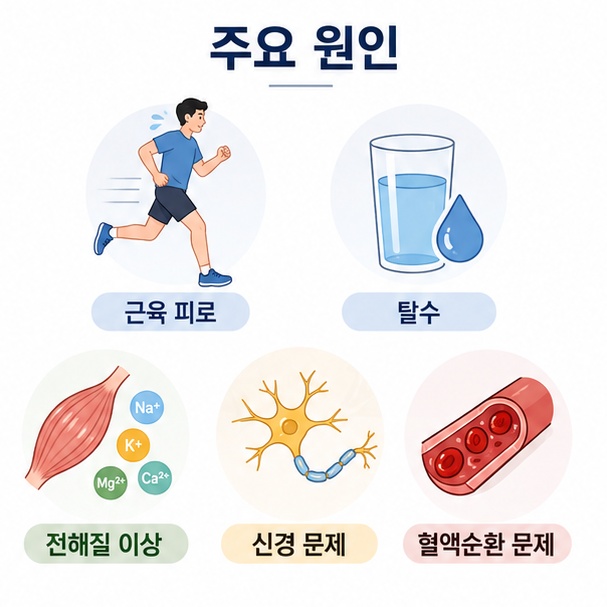 근육 피로와 탈수, 전해질 이상, 신경과 혈액순환 문제 등 다리에 쥐가 자주 나는 원인을 정리한 이미지