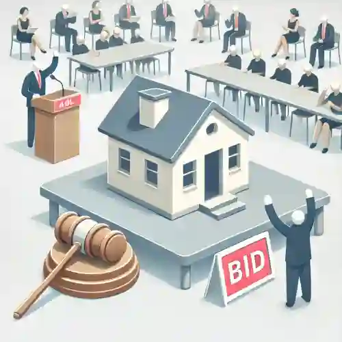 부동산 경매 장면, 사람들이 입찰하고 있고, 경매물인 듯한 작은 집이 단상에 올려져 있음