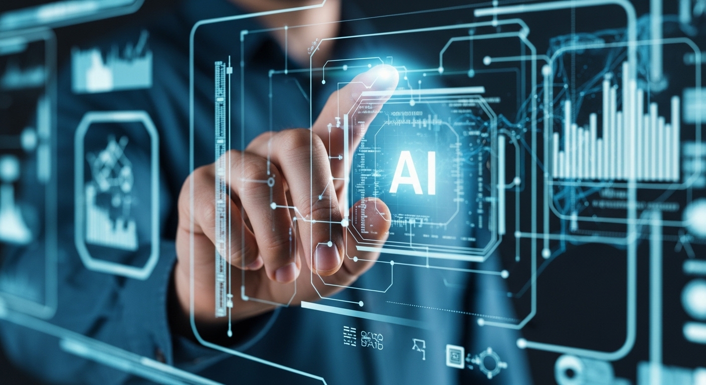 인간의 손이 홀로그램 AI 데이터 인터페이스를 조작하며 의사결정에 개입하는 모습.