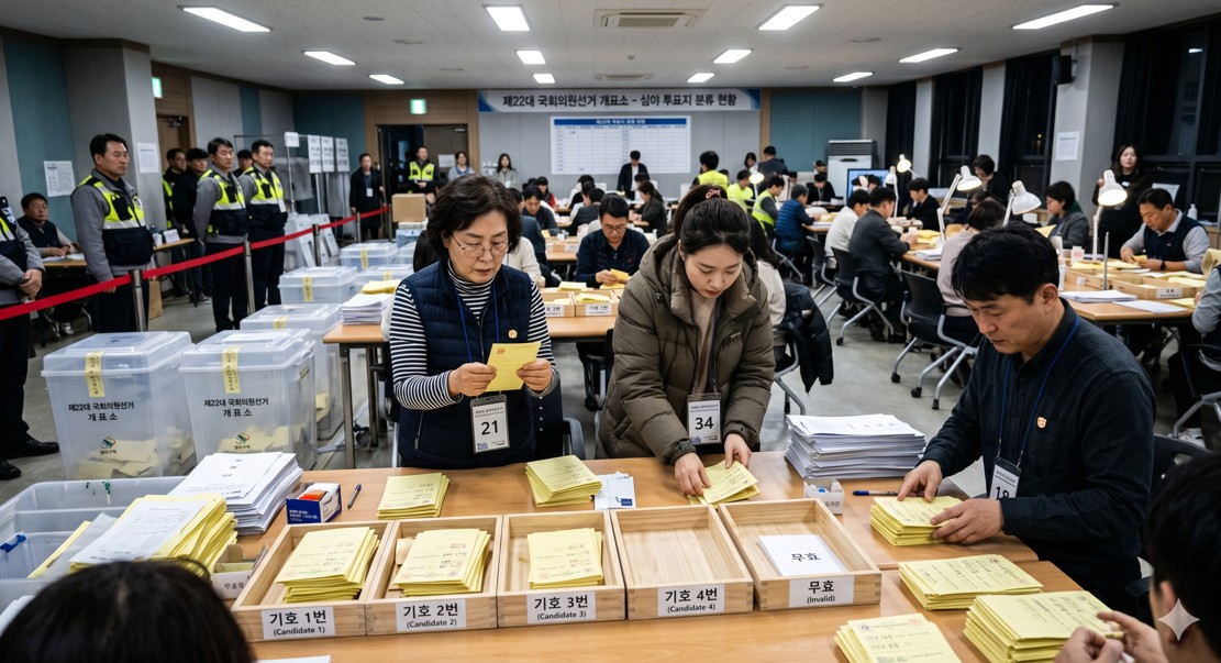 밤늦은 시간 개표소에서 투표지를 신중하게 분류하는 개표 요원들의 열정적인 장면