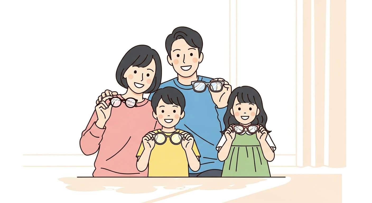 가족이 새 안경을 착용하고 밝게 웃으며 함께 사진을 찍는 장면 3