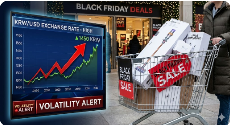 고환율 차트와 블랙프라이데이 쇼핑 카트 이미지를 합성하여 강조