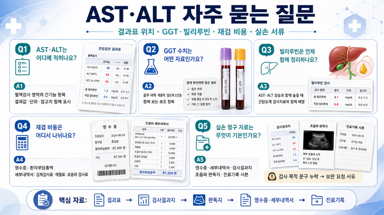 AST&middot;ALT 결과표 위치, GGT, 빌리루빈, 재검 비용, 실손 청구 자료를 묻고 답하는 Q&amp;A 인포그래픽