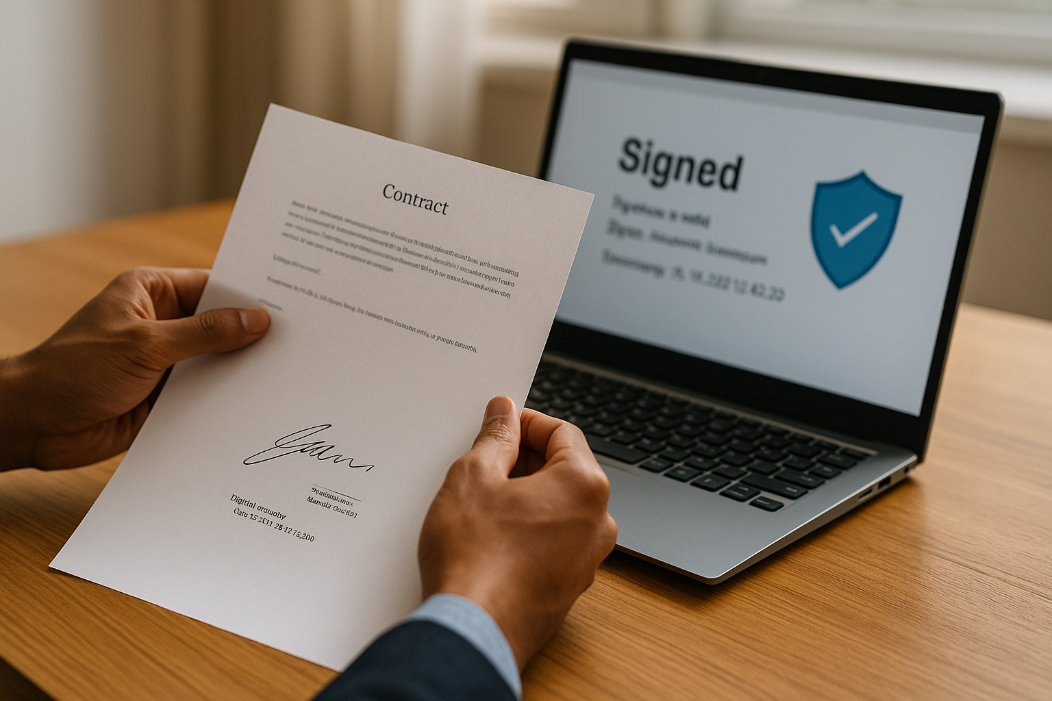 전자서명 완료된 계약서를 손에 든 장면과 노트북 화면의 Signed 표시