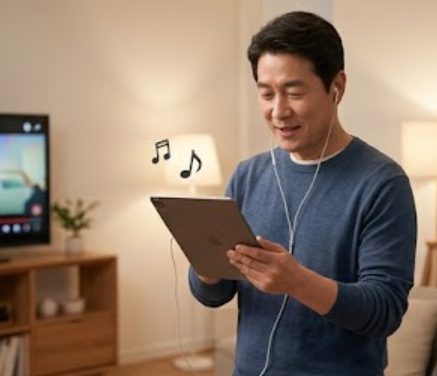 한 남성이 노래번호를 검색하는 인포그래픽