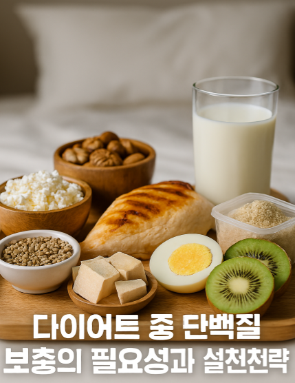 닭가슴살, 달걀, 두부, 견과류, 우유, 단백질 파우더 등 고단백 식품들이 한눈에 담겨 있는 장면
