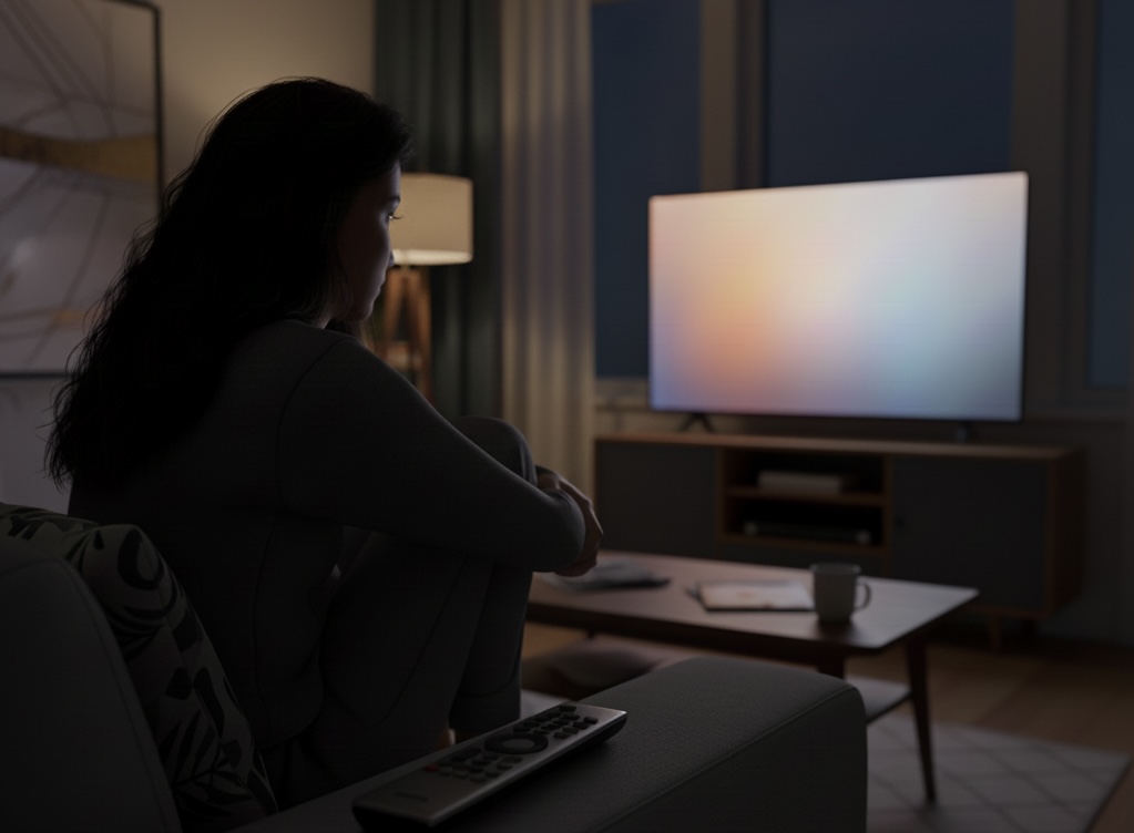 볼 게 많지만 쉽게 재생 버튼을 누르지 못하는 밤의 거실 풍경