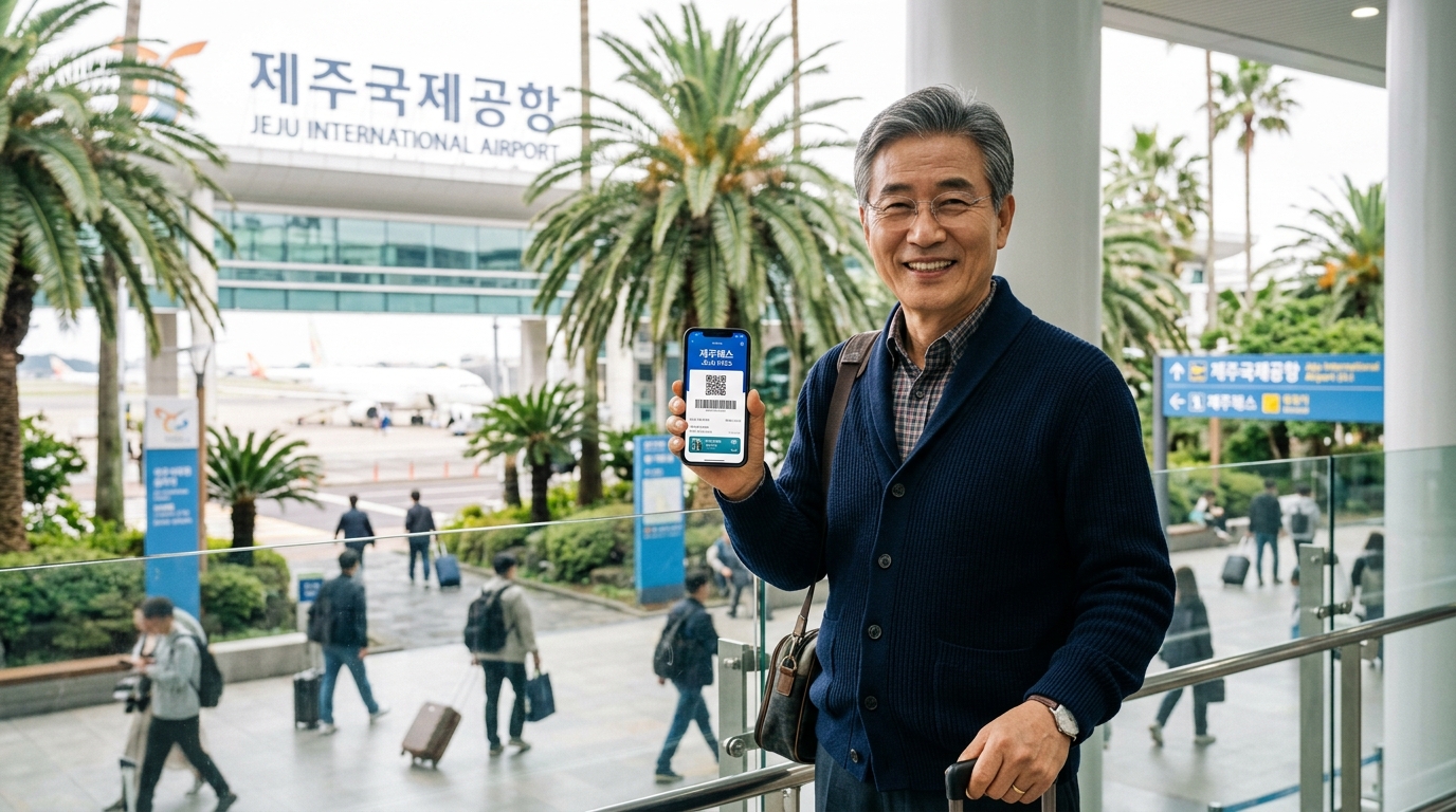 제주공항에서 모바일 디지털 관광증 앱 화면을 스마트폰으로 확인하며 미소 짓는 60대 액티브 시니어 남성의 모습