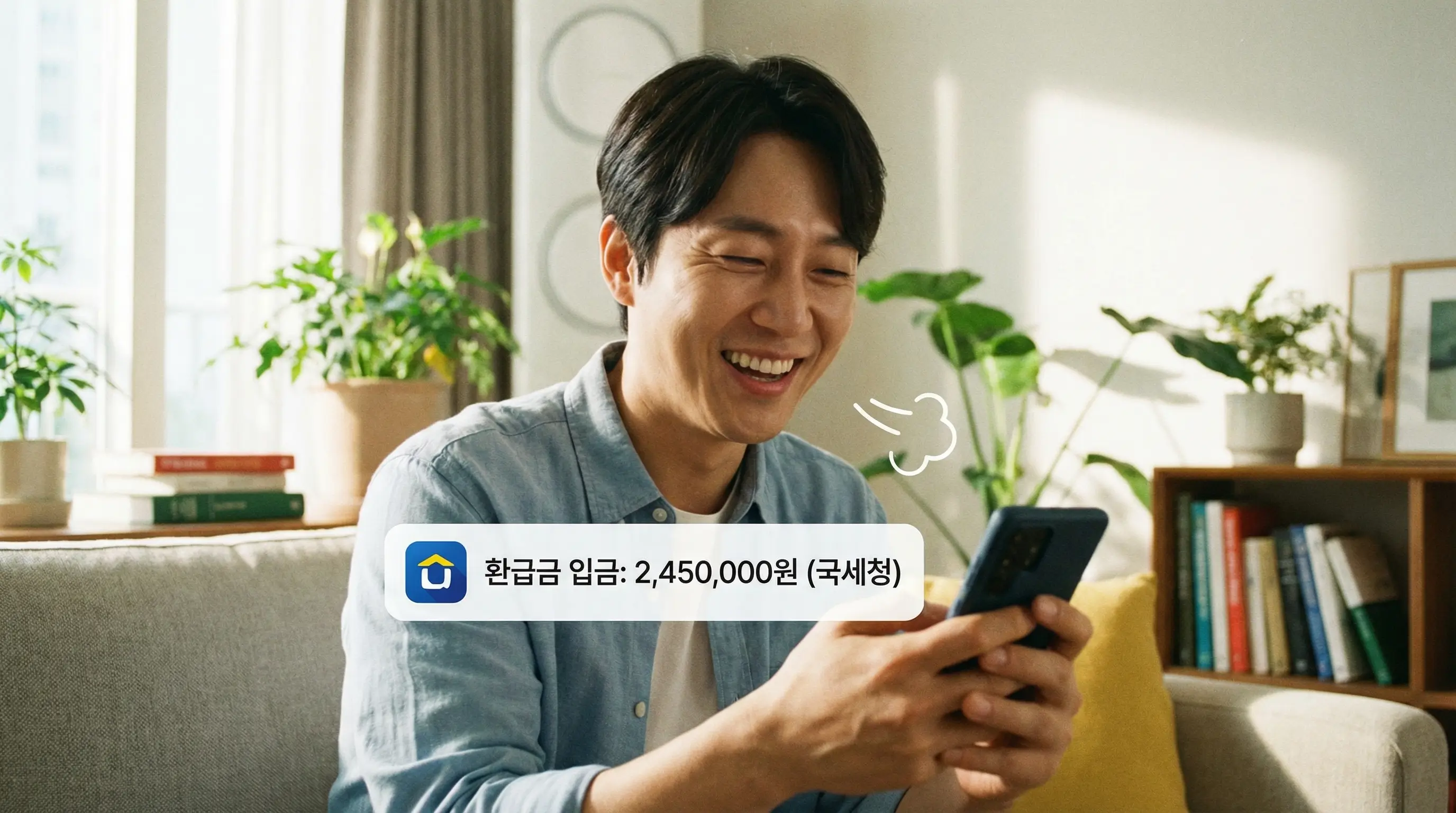 환급금이 입금된 은행 앱 알림을 확인하고 안도하며 웃음 짓는 사람의 긍정적인 모습