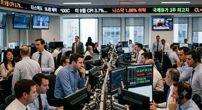 미 CPI 3.7%와 나스닥 하락 소식을 보는 증권가 트레이더들.