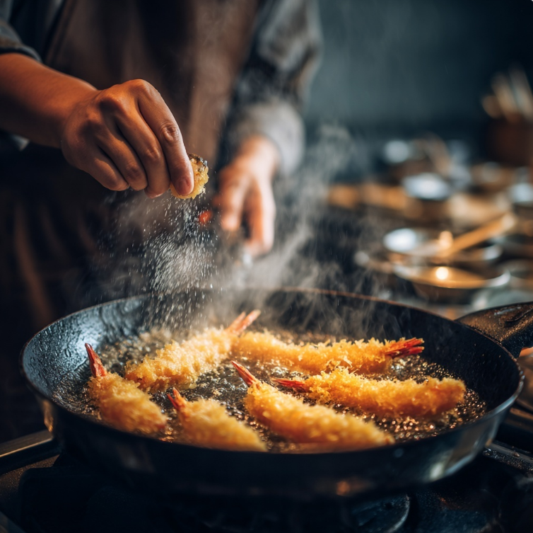 기름에 새우를 튀기는 모습