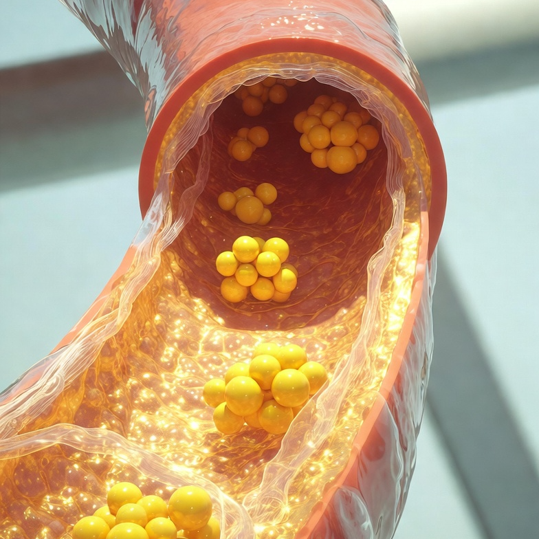 혈관 벽에 침투하여 염증을 유발하는 LDL 콜레스테롤의 산화 과정과 심혈관 건강 메커니즘을 설명하는 의학 일러스트