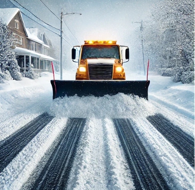 눈 쌓이 도로를 제설차가 치우는 모습