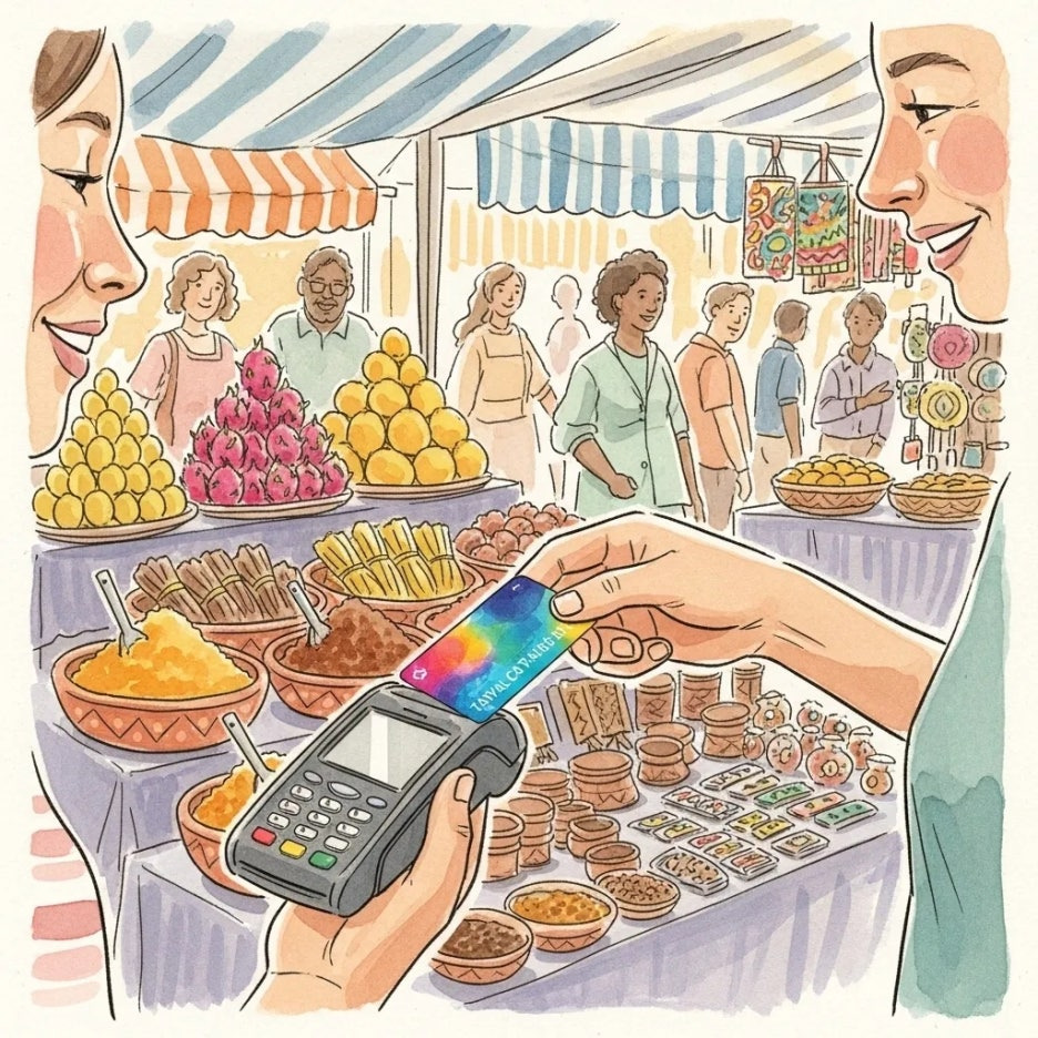 해외 시장에서 트래블카드로 결제하는 모습