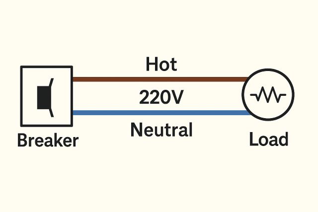 220V 단상 전원 시스템에서 핫선과 중성선만으로 구성된 회로를 보여주는 도식도, 브레커와 부하가 연결된 구조를 단순하게 표현.