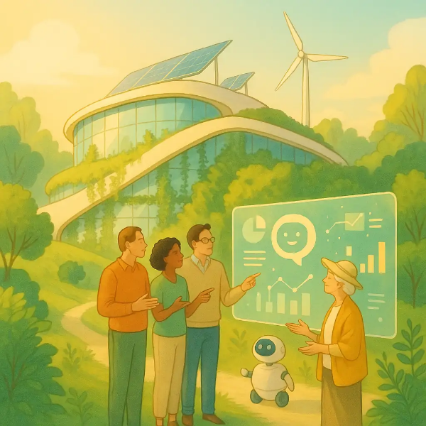 유리와 식물이 어우러진 건물 주변에서 다양한 사람들이 투명 디스플레이를 보며 협업하고, AI 인터페이스와 미니 로봇이 함께 활동하는 따뜻한 유토피아적 장면