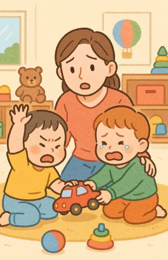 또래와 다투는 아기 옆에서 부모가 감정을 조율하는 모습