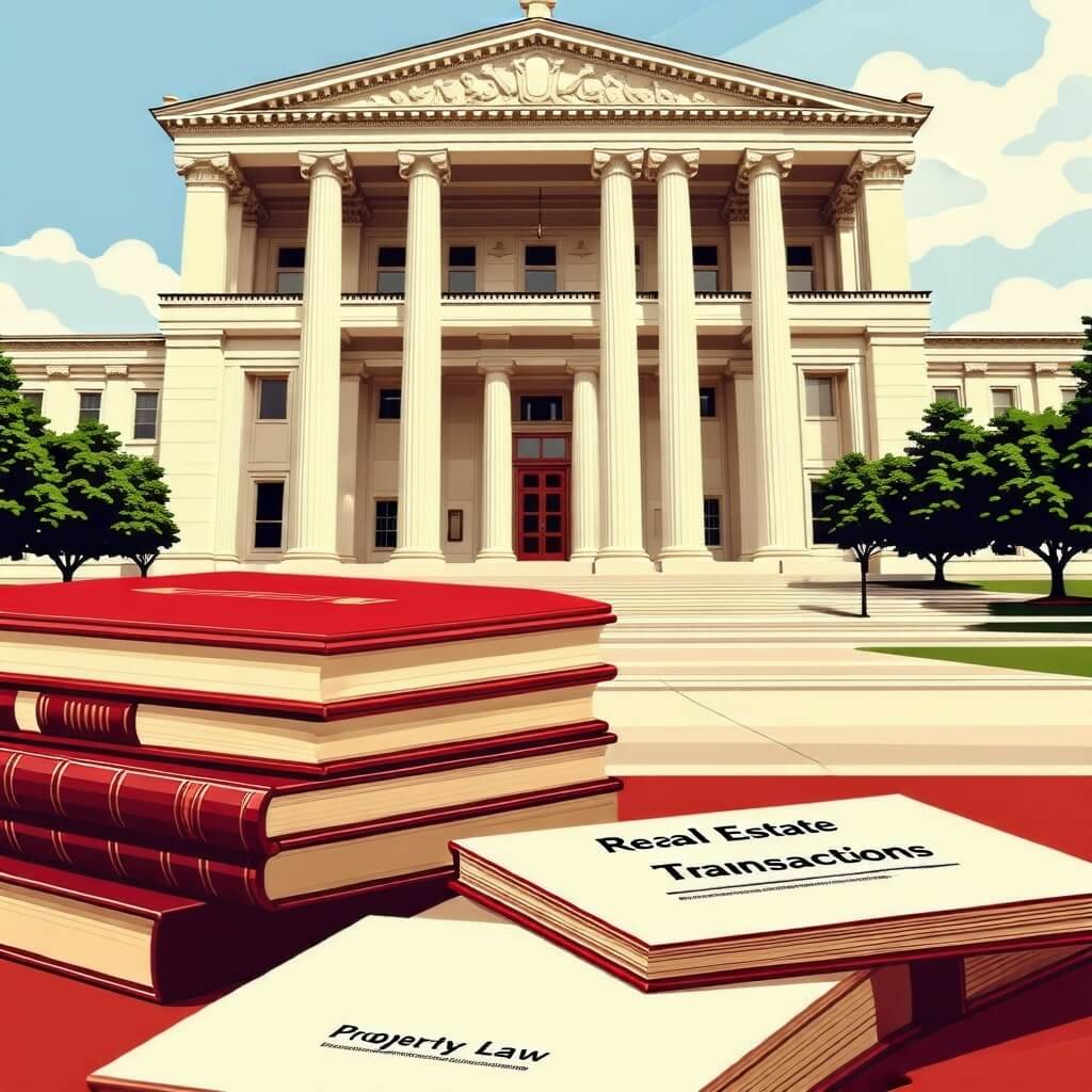 부동산 거래 시 알아야 할 법률 사항을 정리한 이미지. 법률 서적과 법원 이미지