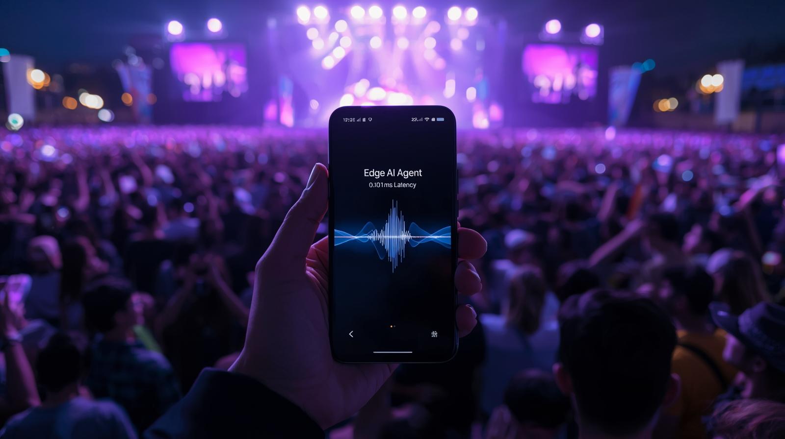 밤의 광화문 콘서트 현장, 보랏빛 조명 아래 수많은 군중 사이로 스마트폰을 들고 있는 손. 화면에는 Edge AI Agent와 오디오 파형 인터페이스가 표시되어 기술적 연결성을 강조함