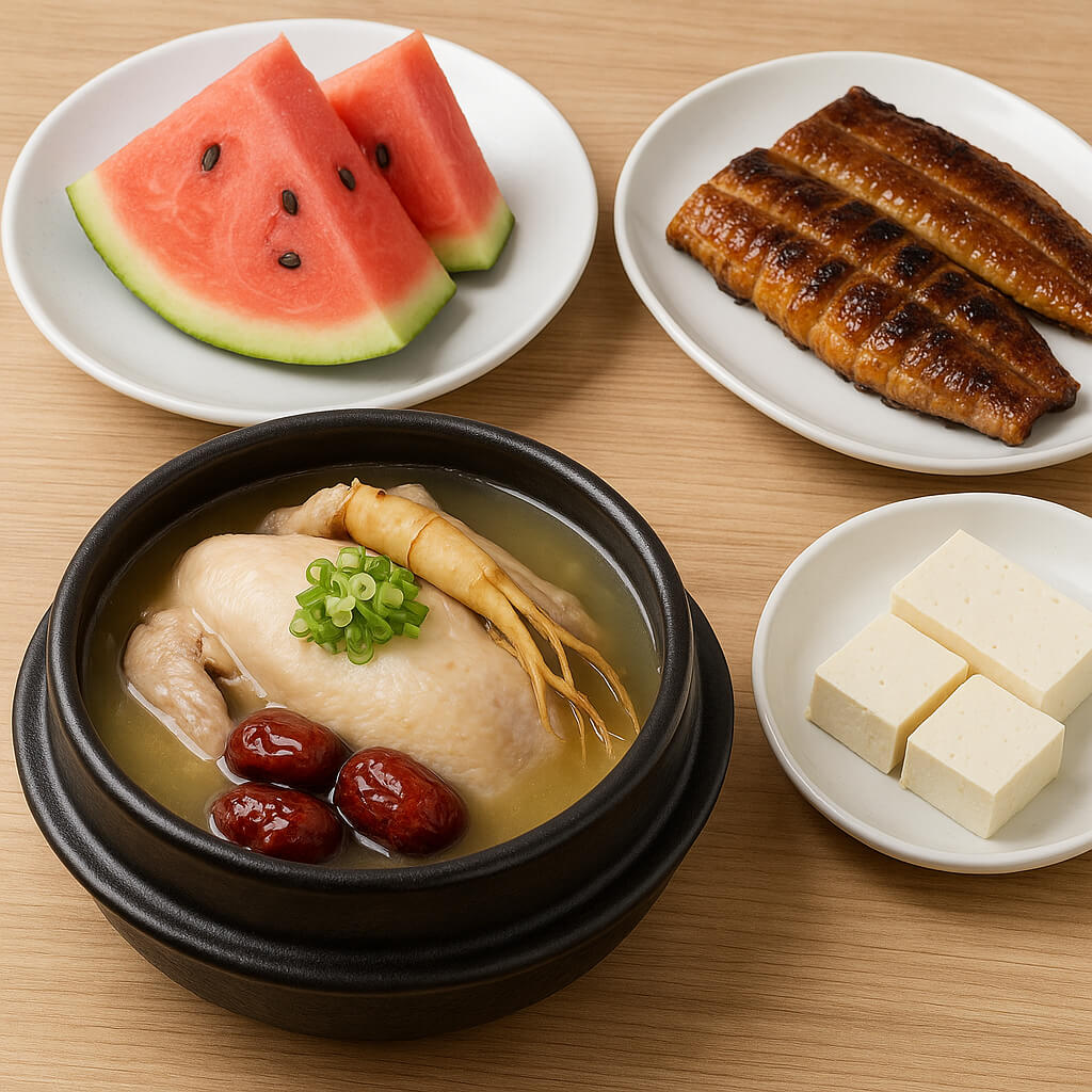 여름철 체력 보충을 위한 삼계탕, 수박, 장어, 두부 한상차림(출처:자체제작)
