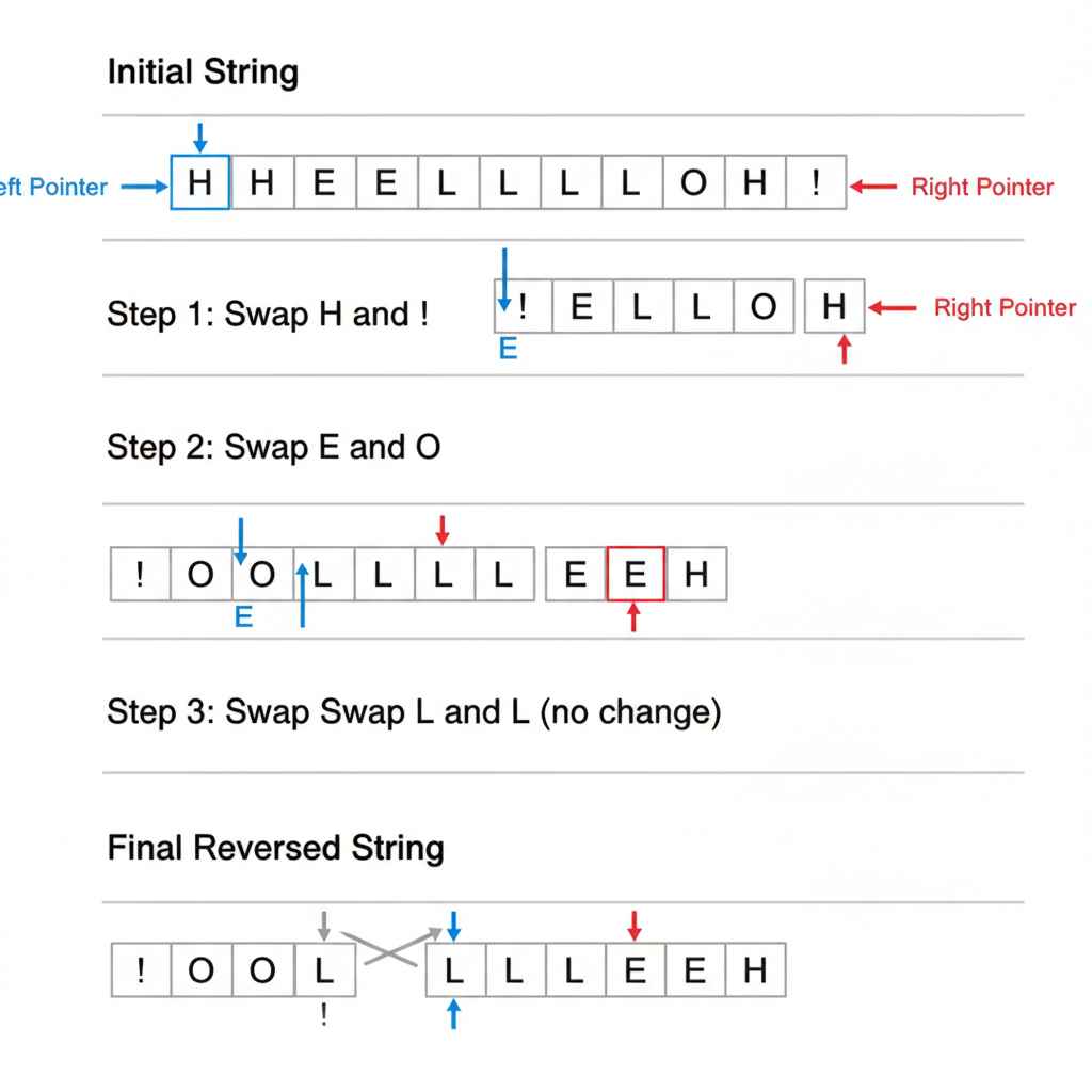 문자열의 양 끝에서 두 개의 포인터가 중앙으로 이동하며 문자의 위치를 서로 교환하는 문자열 뒤집기 과정과, 배열의 특정 부분을 세 번 뒤집어 전체를 회전시키는 문자열 회전 알고리즘의 단계별 시뮬레이션 도식입니다.