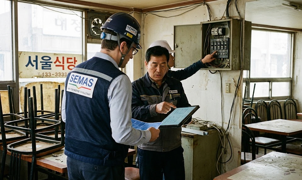 소상공인시장진흥공단 조끼를 입은 컨설턴트와 식당 사장님이 가게 내부에서 태블릿 PC를 보며 심각하게 이야기를 나누며 철거 전에 현장을 진단하는 모습.