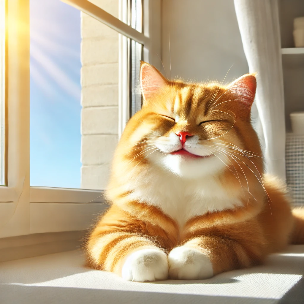 햇빛이 비치는 창가에서 행복하게 쉬고 있는 주황색 얼룩무늬 고양이. 따뜻한 분위기의 편안한 장면.