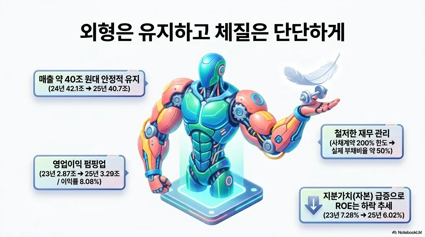 삼성물산 주가 전망: 삼성물산의 최근 3년 실적과 재무 안정성을 로봇 캐릭터로 보여주는 인포그래픽. 매출 약 40조 원대 유지(24년 42.1조에서 25년 40.7조), 영업이익 23년 2.87조에서 25년 3.29조로 개선(이익률 8.08%), 부채비율 약 50%의 안정성과 ROE 하락 추세를 함께 짚으며, 블로그의 삼성물산 주가 전망과 재무 분석 주제를 시각적으로 설명함