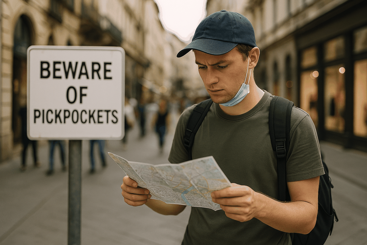 유럽 거리에서 관광 지도를 들고 경계하는 표정으로 서 있는 젊은 남성 옆에 '소매치기 주의' 표지판이 보인다