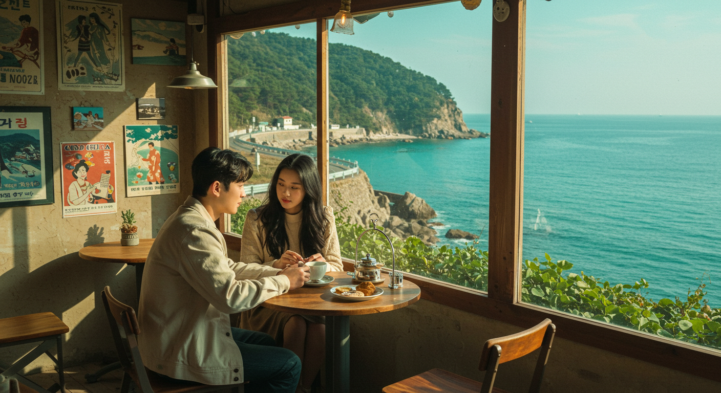 한담해안길을 산책하며 감성 카페를 즐기는 한국인 커플