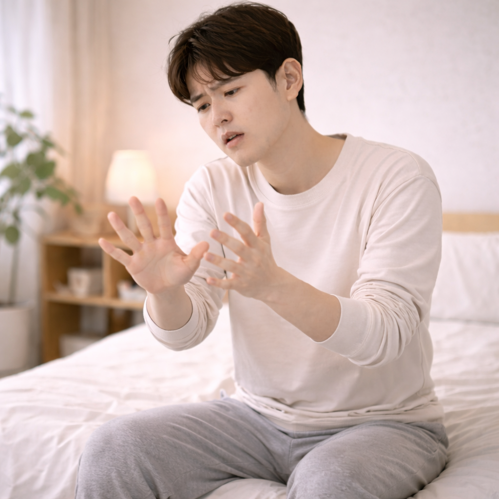 밤에 손 저림이 심해져 손을 털며 완화하는 모습