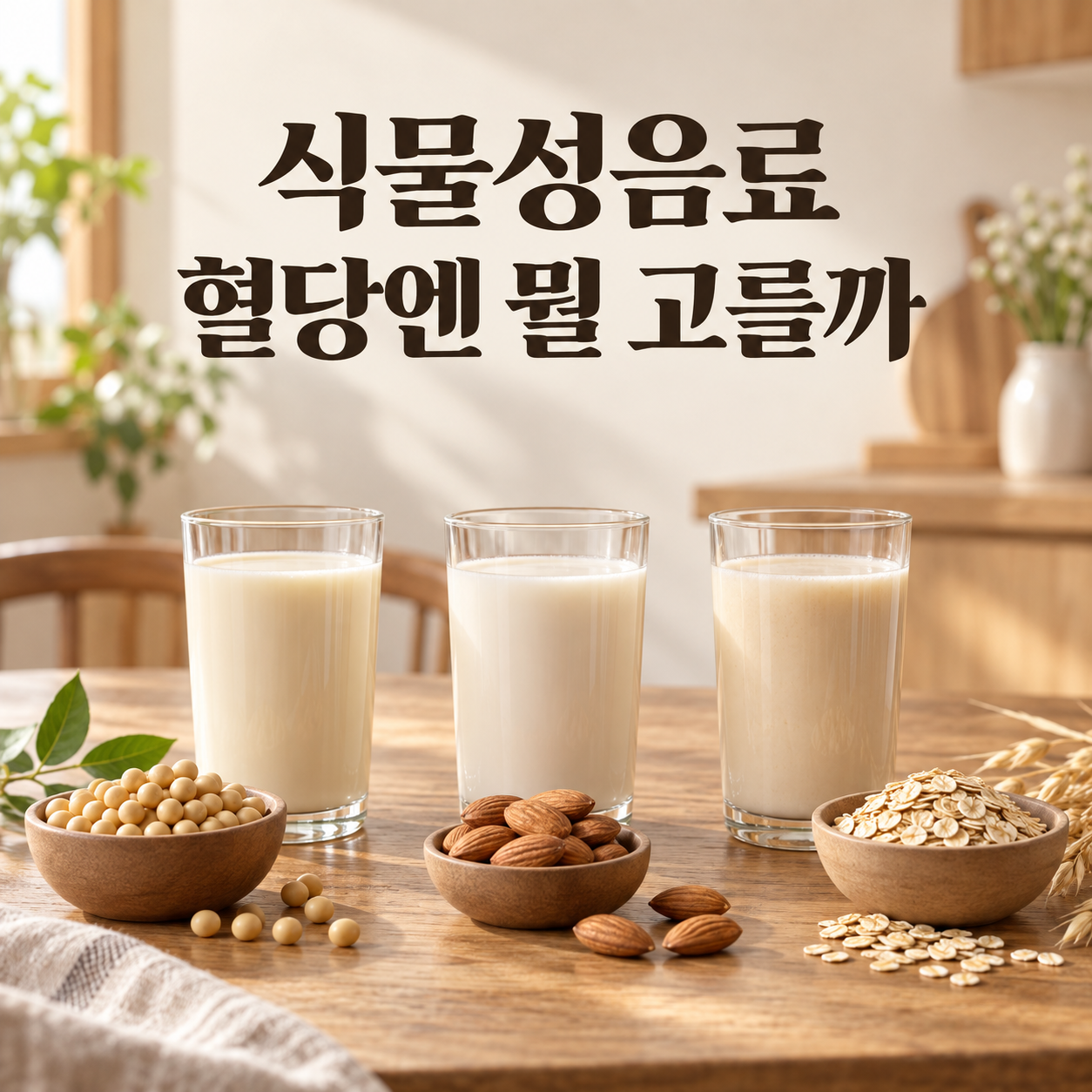 식물성음료 혈당엔 뭘 고를까 문구와 두유·아몬드·귀리 음료가 있는 대표 이미지