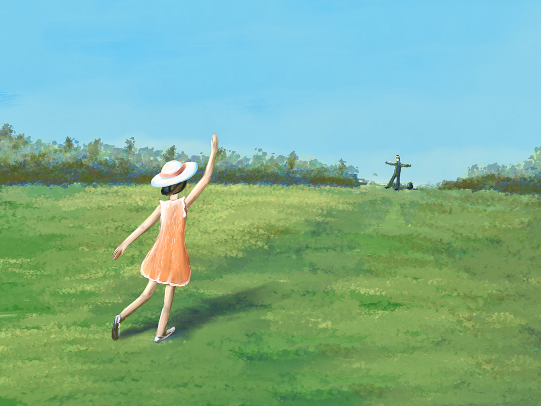 풀밭에서 알아보고 인사하는 사람들 일러스트 이미지