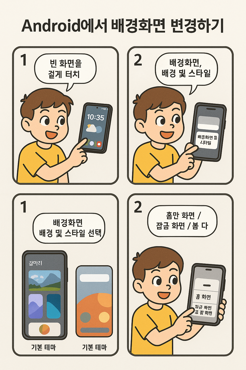Android 스마트폰에서 배경화면을 변경하는 방법을 소개하는 네 칸 일러스트 이미지.
1번 칸: 노란 셔츠를 입은 소년 캐릭터가 스마트폰 홈 화면을 가리키며 ‘빈 화면을 길게 터치’라는 말풍선을 띄움.
2번 칸: 캐릭터가 ‘배경화면, 배경 및 스타일’ 메뉴가 표시된 스마트폰 화면을 보여주며 설명.
3번 칸: 다양한 기본 테마 배경이 표시된 화면을 보여주며 ‘배경화면 선택’ 단계 강조.
4번 칸: 캐릭터가 배경을 적용할 위치(홈 화면, 잠금 화면, 둘 다)를 고르는 장면을 보여주며 웃고 있는 모습