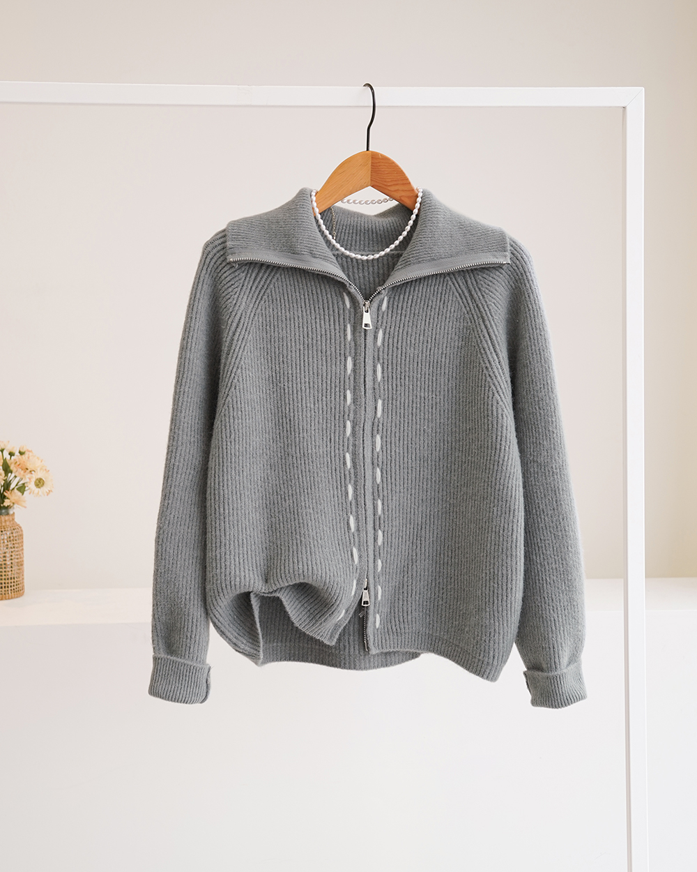 포엘로 하이넥 스티치 투웨이 울 니트 집업 가디건