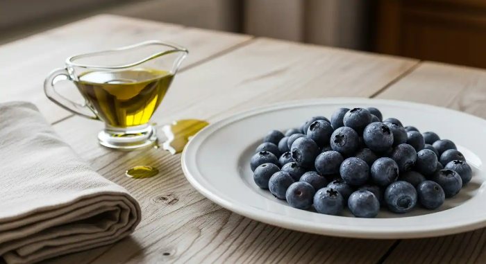 접시 위에 블루베리가 있고, 그 옆에 올리브유가 놓여 있음