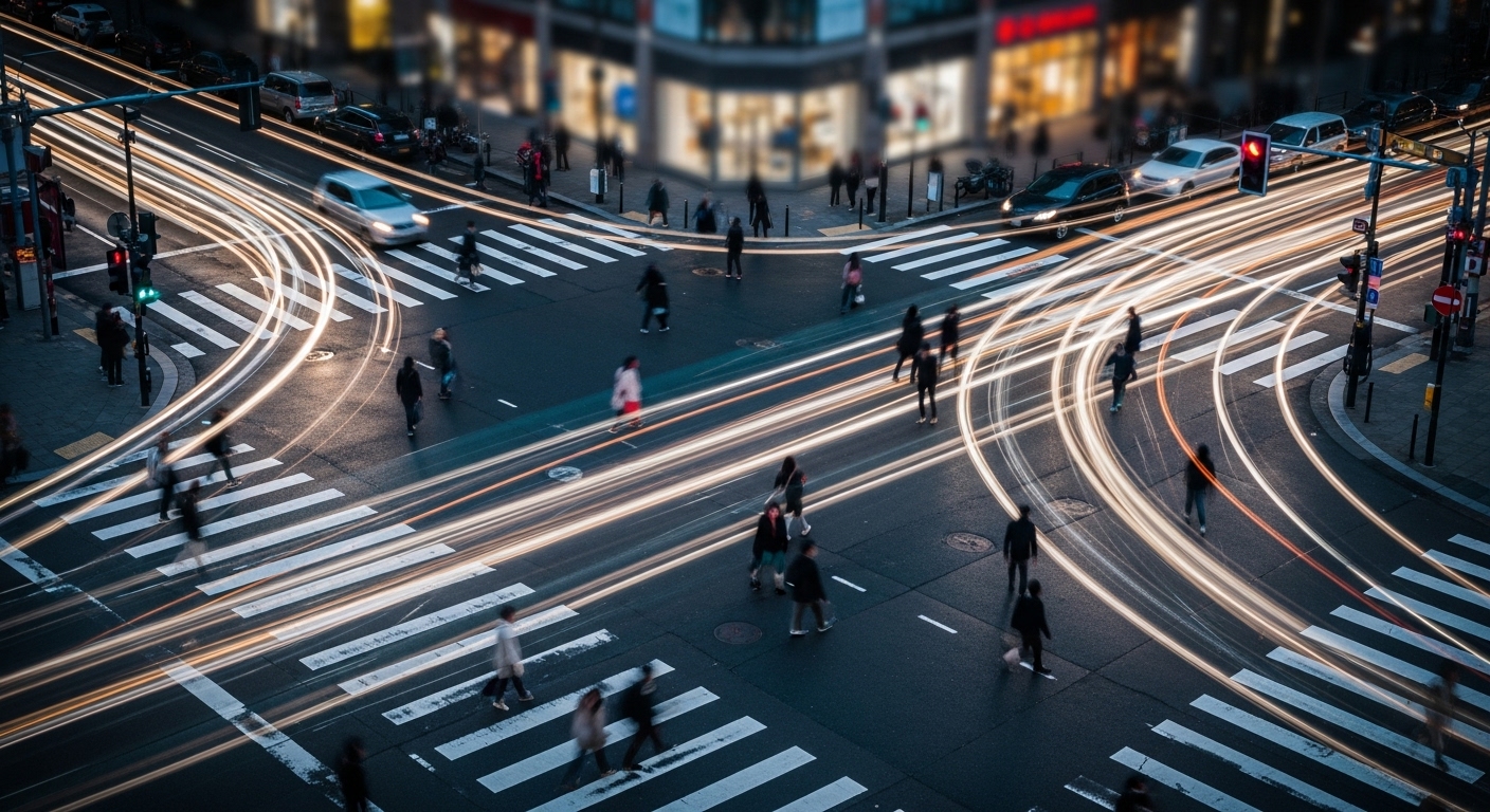 A high-angle, long-exposure photograph of a busy city crosswalk. The movement of people is captured as blurred white streaks, emphasizing motion and 'going'. The surrounding buildings are out of focus or out of frame. No visible text or advertisements.