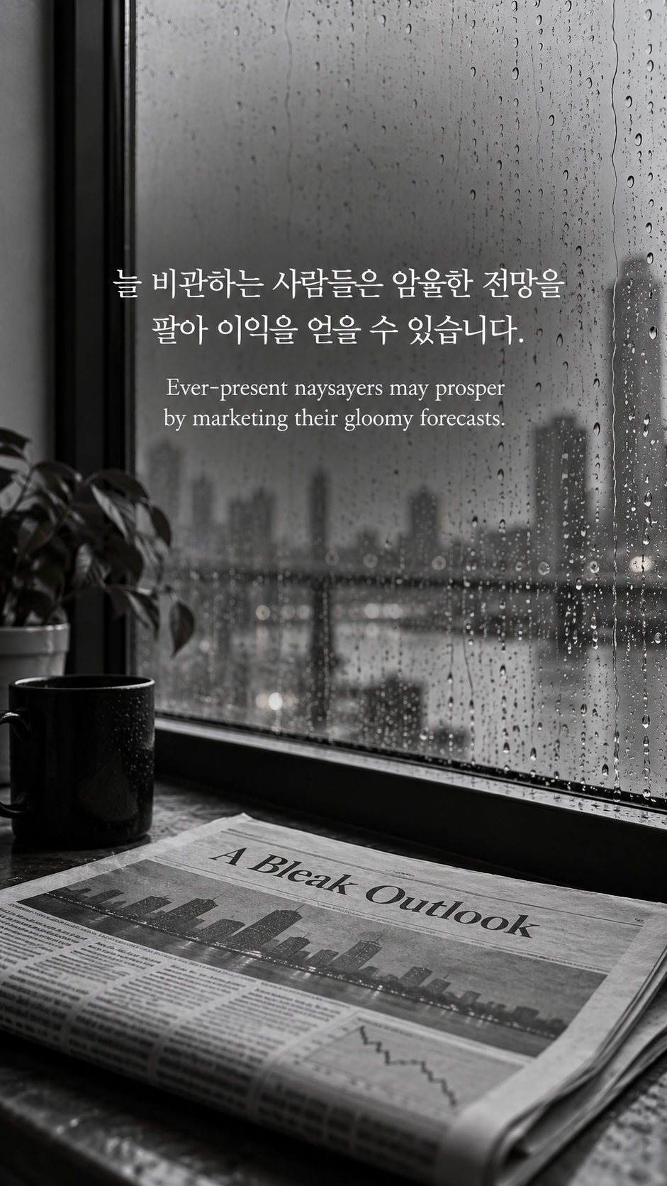 비관적인 신문이 놓인 비 오는 창가에 비관적인 전망을 볼 때에 관한 워렌 버핏 명언이 적힌 이미지