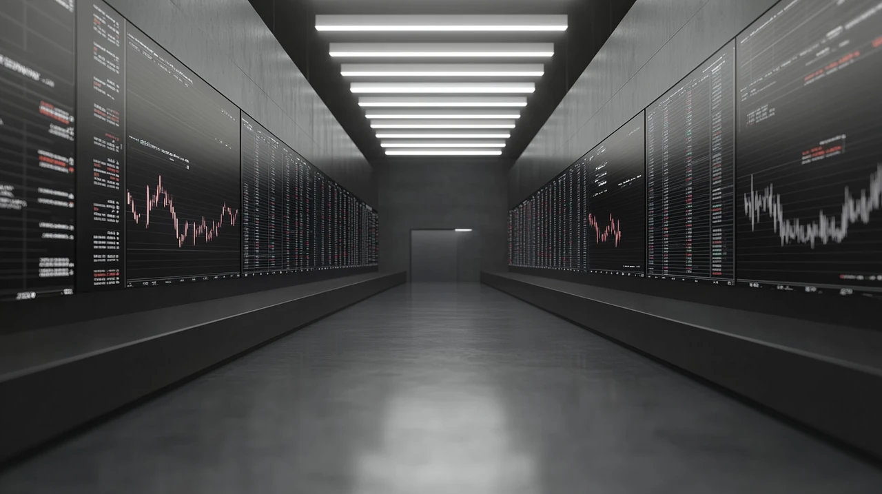 활기찬 거래 환경에서 변동하는 증시 지수를 보여주는 화면. 역동적인 시장 동향과 금융 변화가 생생하고 예리한 이미지로 표현됨. 증시 지수, 시장 동향, 금융 변화.