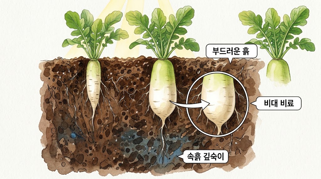 부드럽고 깊은 흙 속에서 하단부가 두껍게 비대해지며 자라는 김장무의 실감 나는 모습