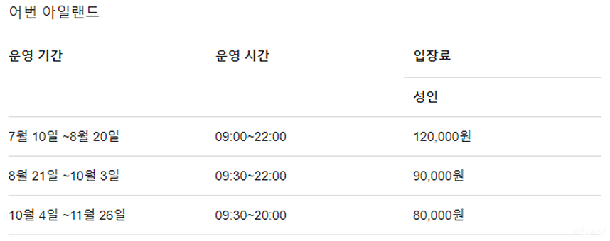 Urban Island 어반 아일랜드 가격표