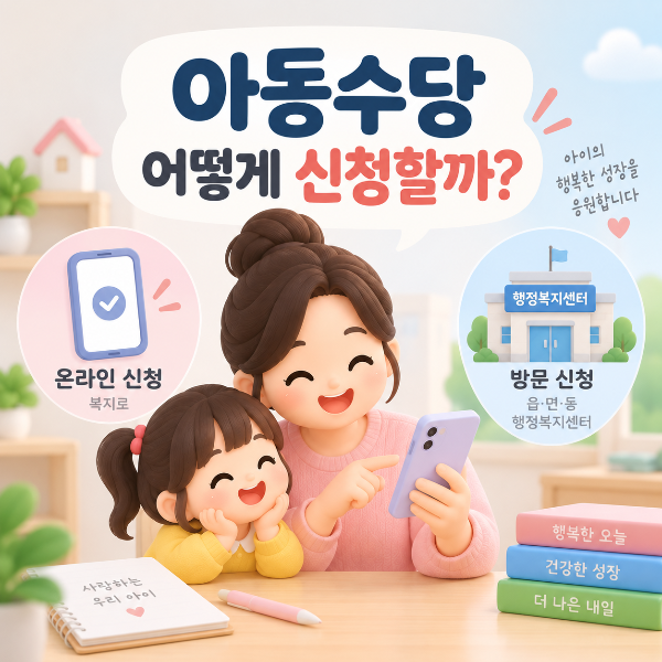 아동수당 온라인 신청과 행정복지센터 방문 신청방법을 표현한 이미지