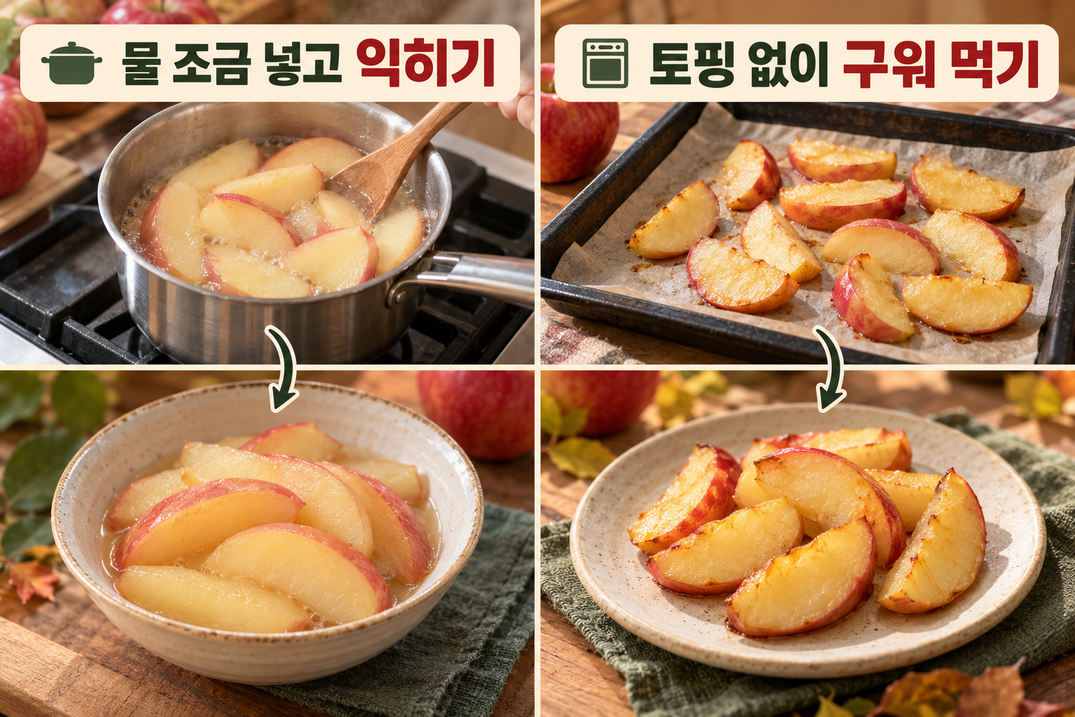 물 조금으로 익힌 사과와 토핑 없이 구운 촉촉한 사과 조각.