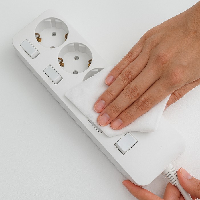 물티슈로 멀티탭의 외부를 닦는 모습