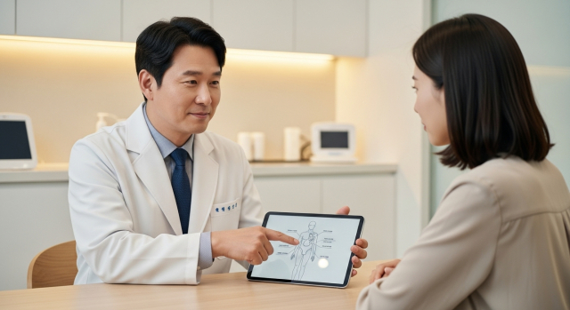 의사가 태블릿 그림을 보며 여성 환자에게 배뇨통 원인을 설명하는 모습
