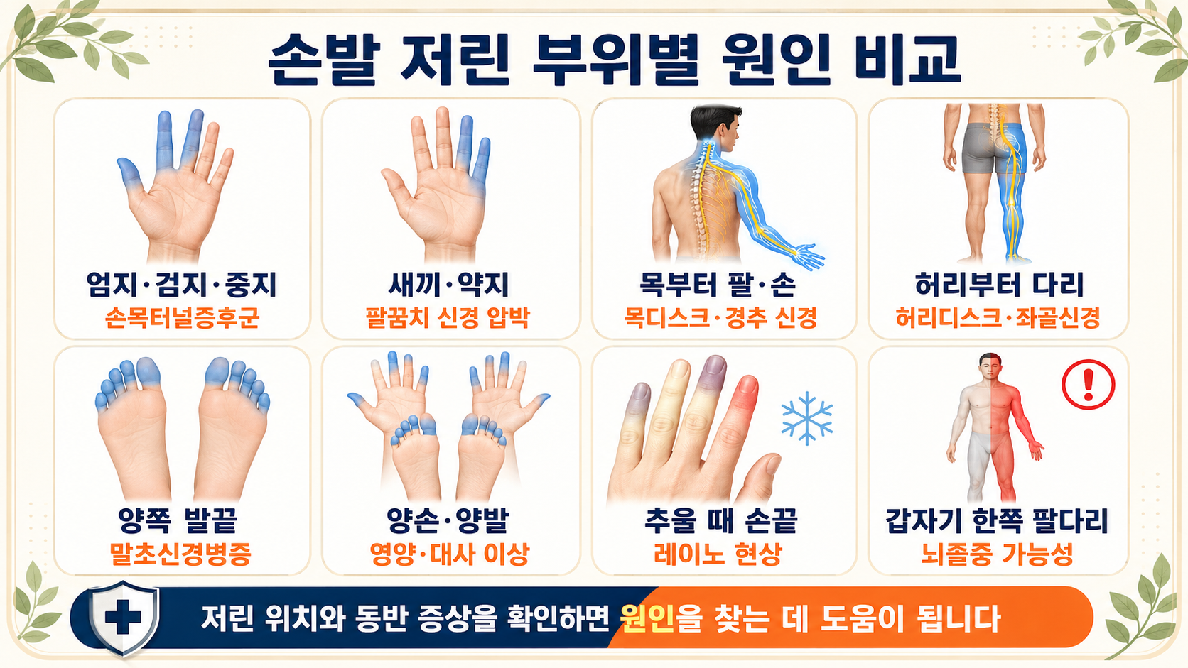 손발 저림 부위별 원인 비교 이미지