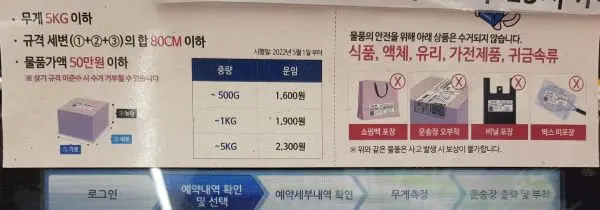 무게 5KG이하 박스 세변의 합이 80CM이하인 택배만 배송 가능하다는 택배편의점 택배 안내문구