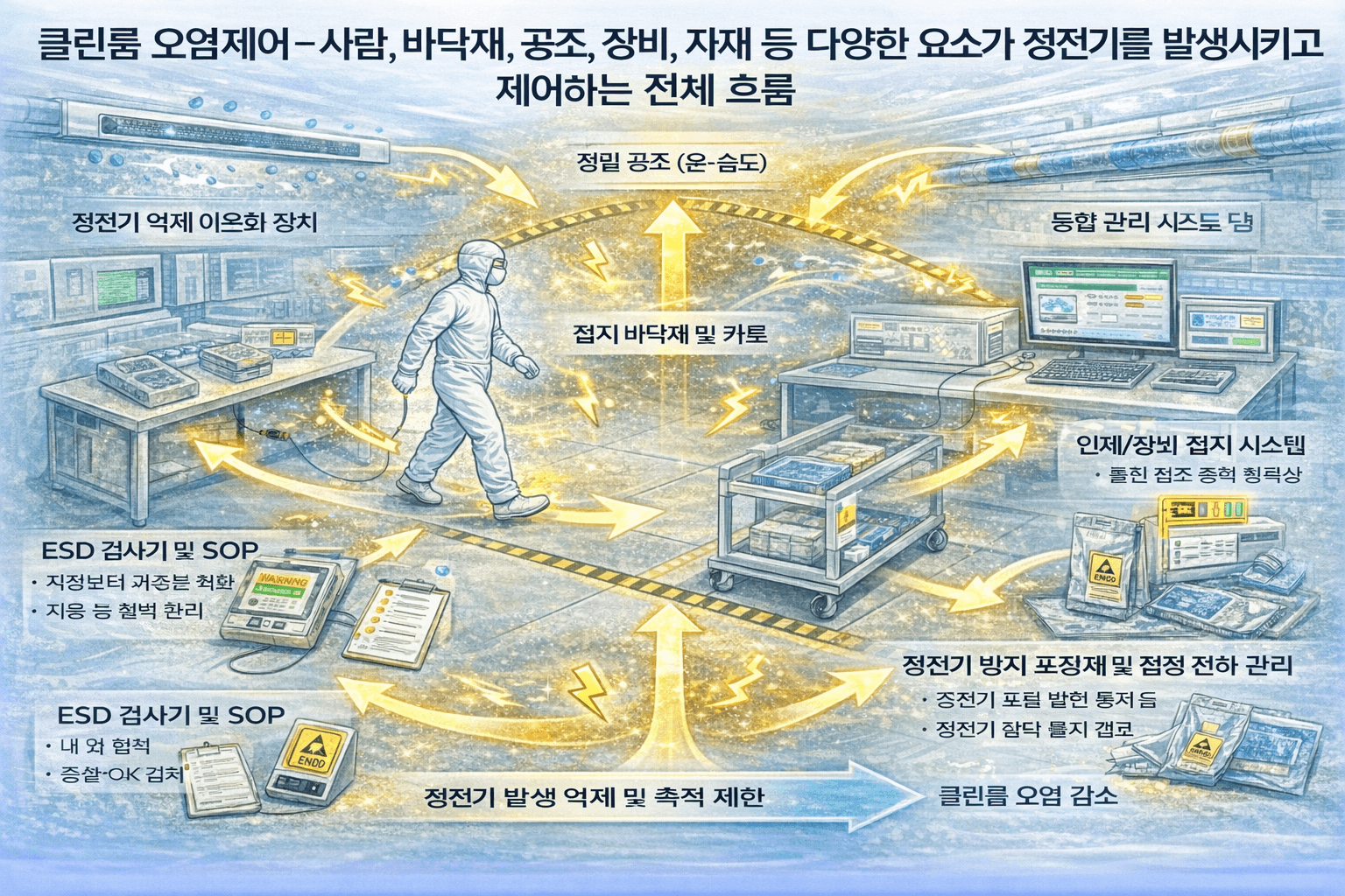 클린룸 오염제어 환경에서 사람, 바닥재, 공조, 장비, 자재 등 다양한 요소가 정전기를 발생시키고 제어되는 전체 흐름을 일원화해 설명하는 개념도 이미지