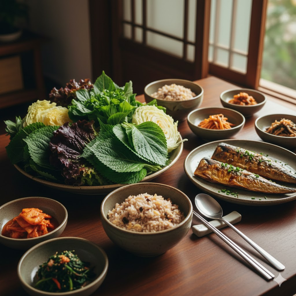 신선한 쌈 채소와 생선구이, 현미밥이 놓인 정갈한 한식 상차림